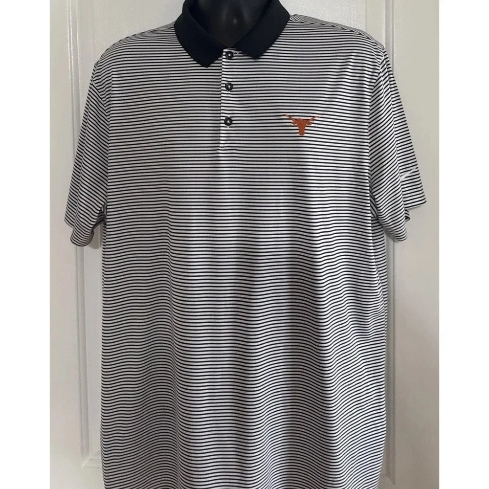 Nike Men's Dri Fit Polo Shirt XL Black White‎ Striped University Of Texas Logo